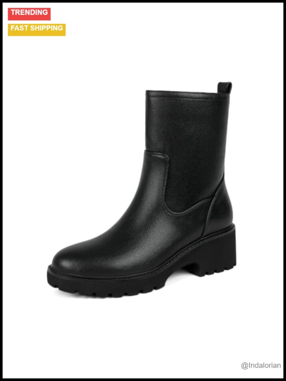 Round Toe Chunky Heel Lug Sole Ankle Boots Faux Leather Side Zip Booties